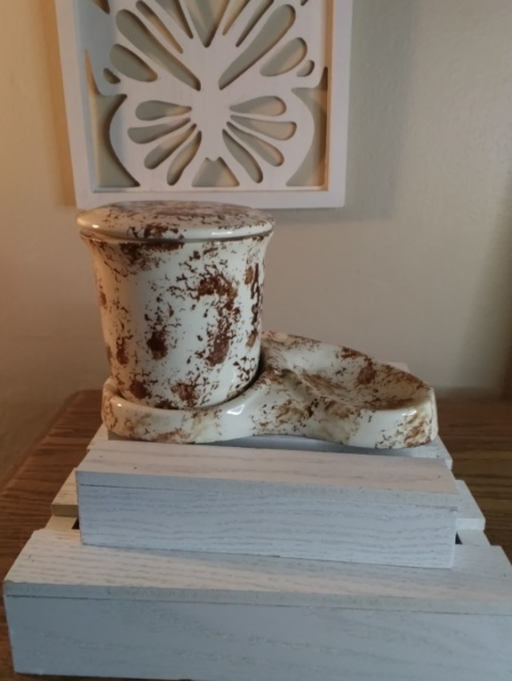 Vintage Speckled Ceramic Toothbrush Holder & Soap Dish Set - Cream and Brown